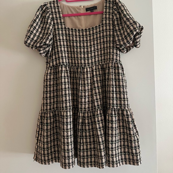 Square Neck Plaid Puff Sleeve Midi Dress - Black & Cream - Picture 2 of 6